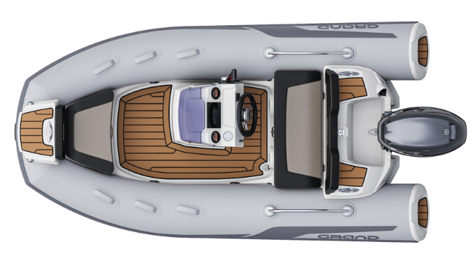 A render visual of the Grand G340 from above, showing the internal layout of the boat with grey tubes and tan brown flooring