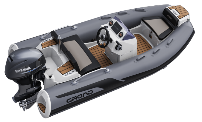 A render visual of the Grand G340 from a side angle, detailing the interior layout of the boat with flooring and seating