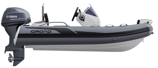 A render visual from the side of the Grand G340 with hull, dark grey tubes and Yamaha engine on the back