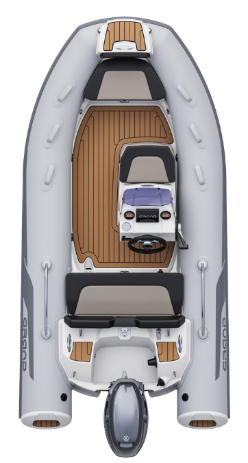 A render visual of the Grand D380 from above, showing the internal layout of the boat with grey tubes and tan brown flooring