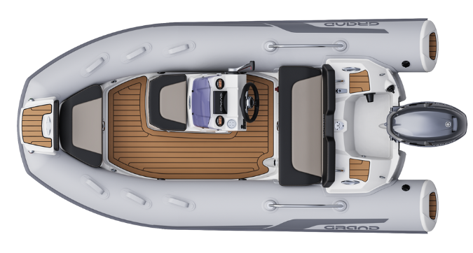 A render visual of the Grand D380 from above, showing the internal layout of the boat with grey tubes and tan brown flooring