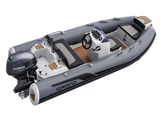 A render visual of the Grand G380 from the side, with grey tubes, tan coloured flooring, offset console and seating throughout the boat