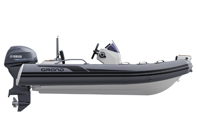 A render visual of the Grand G380 from the side, detailing the raised tubes and the fibreglass hull