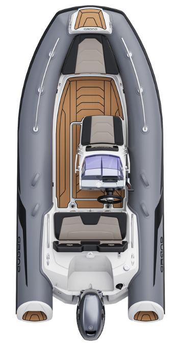 A render visual of the Grand g420 from above, showing the internal layout of the boat with grey tubes and tan brown flooring