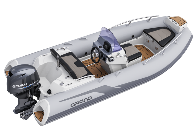 A render visual of the Grand G420 from a side angle, showcasing the interior layout of the boat with seating, console dashboard and tubes