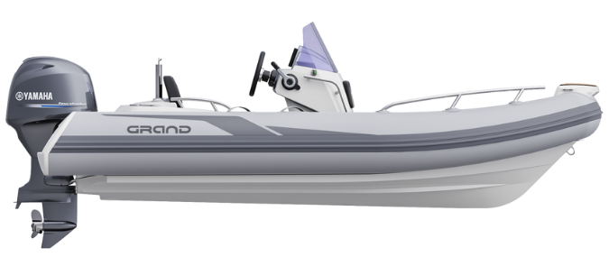 A render visual of the Grand G420 from the side, showing the light grey hypalon tubes and fibreglass hull