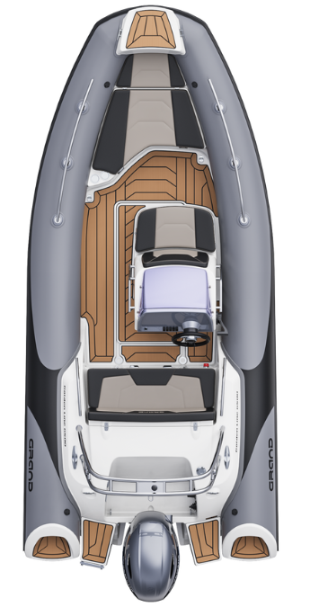 A render visual of the Grand G500 from above, showing the internal layout of the boat with grey tubes and tan brown flooring