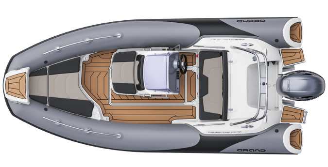A render visual of the Grand G500 from above, showing the internal layout of the boat with grey tubes and tan brown flooring