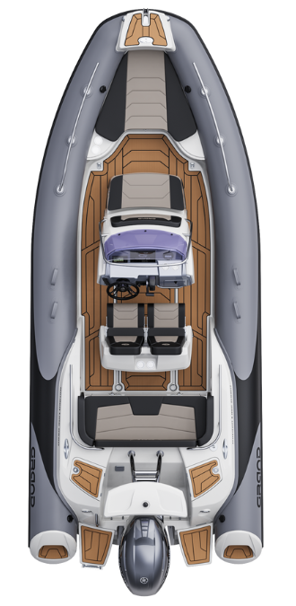 A render visual of the Grand G580 from above, showing the internal layout of the boat with grey tubes and tan brown flooring