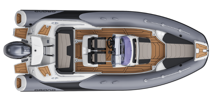 A render visual of the Grand G580 from above, showing the internal layout of the boat with grey tubes and tan brown flooring
