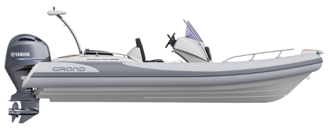 A render visual of the Grand G580 from the side, showing the v-shaped fibreglass hull