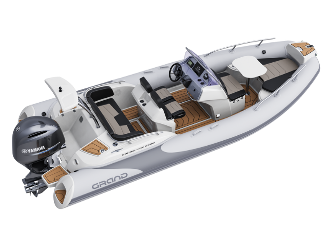 A render visual of the Grand G580 from the side, showing the internal layout of the RIB, with two rows of seat at the rear, centre console, table and seating area at the bow