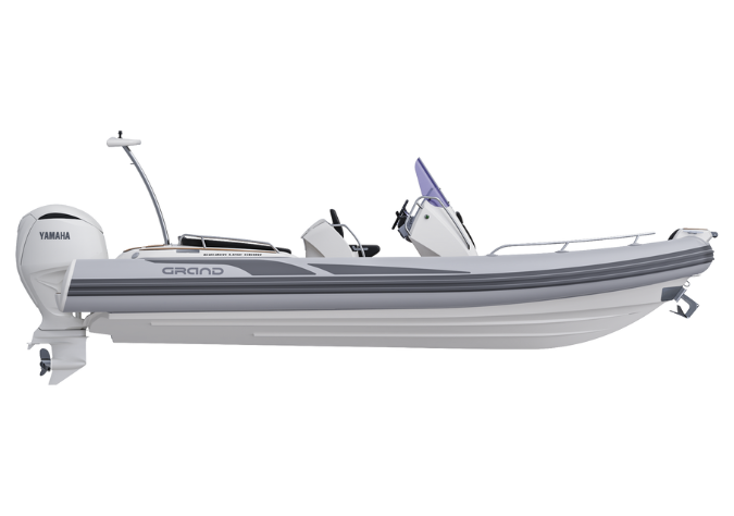 A render visual of the Grand G680 from the side, showing the v-shaped fibreglass hull and light grey tubes