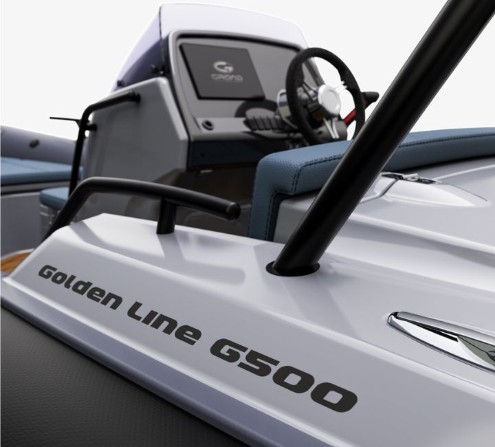 A render visual of the side of the Grand G500, showing the boat's console from the side