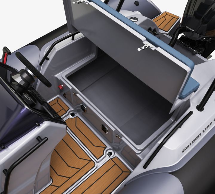 A render visual of the helm seating on the Grand G500 raised, revealing large locker space underneath