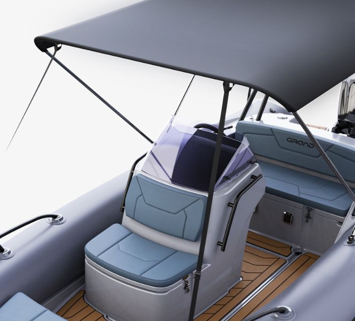 A render visual of a bimini cover above the stern of the Grand G500