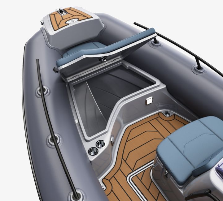 A render visual of the Grand G500's bow, with the large bow locker open and space inside