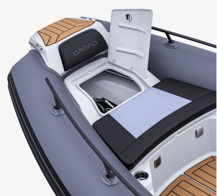 A render image of the bow area of the Grand G680, with a small locker upfront open for storing an anchor and ropes