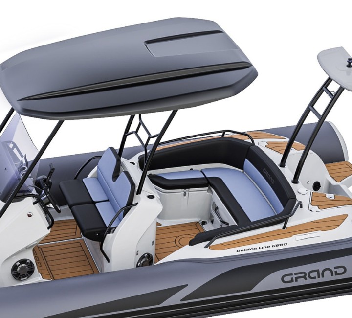 A render visual of the Grand G680 from above, showing a black fibreglass t-top over the console and helm seats