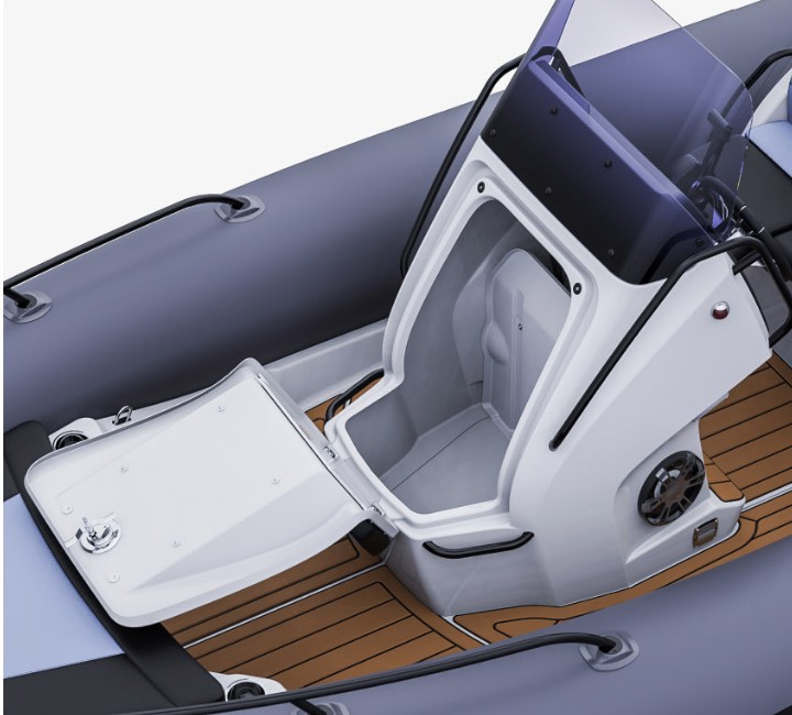 A render visual of the Grand G680's centre console, with front locker door open to reveal extra storage space