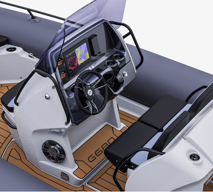 A render visual of the Grand G680's centre console, with a windscreen, steering wheel, dashboard with screen, phone holder and cupholders