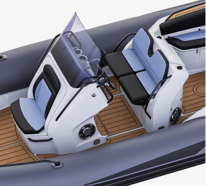 A render visual of the centre console and helm seats on the the Grand G680 from the side