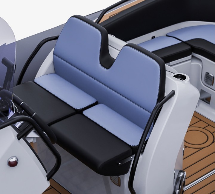 A close up render image of the helm seats on the Grand G680, with b blue and black upholstery