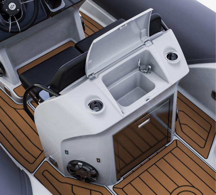 A render image of the sink, tap and cupholders behind the helm seats on the Grand G680 boat