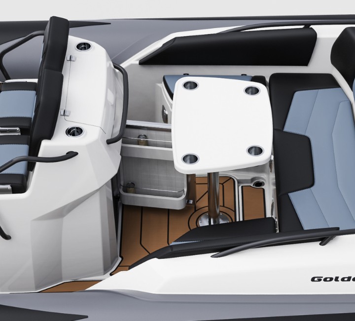 A render visual of the Grand G750's stern seating area, with a table in the middle and a small fridge door open