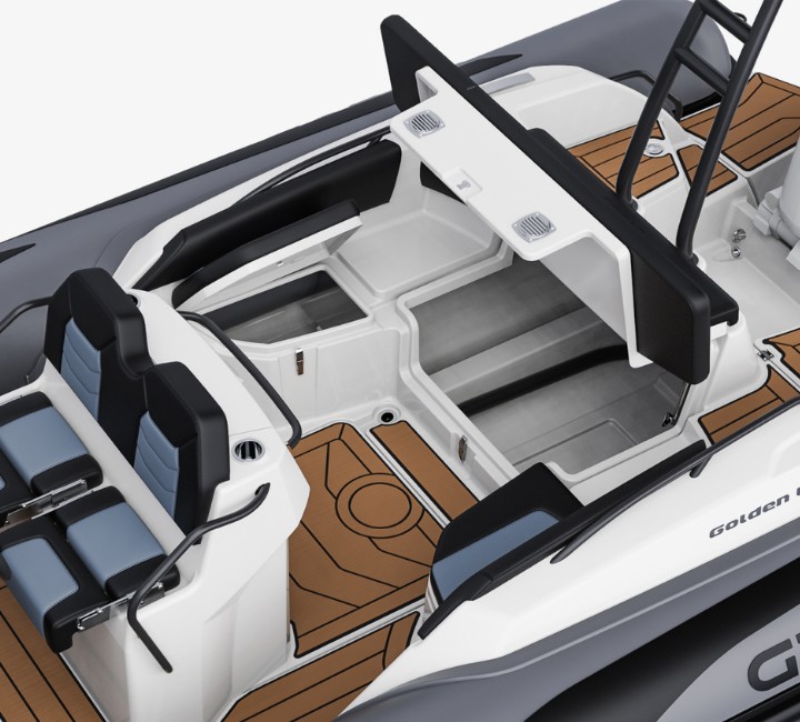 A render image of the Grand G750's stern locker open with lots of space underneath