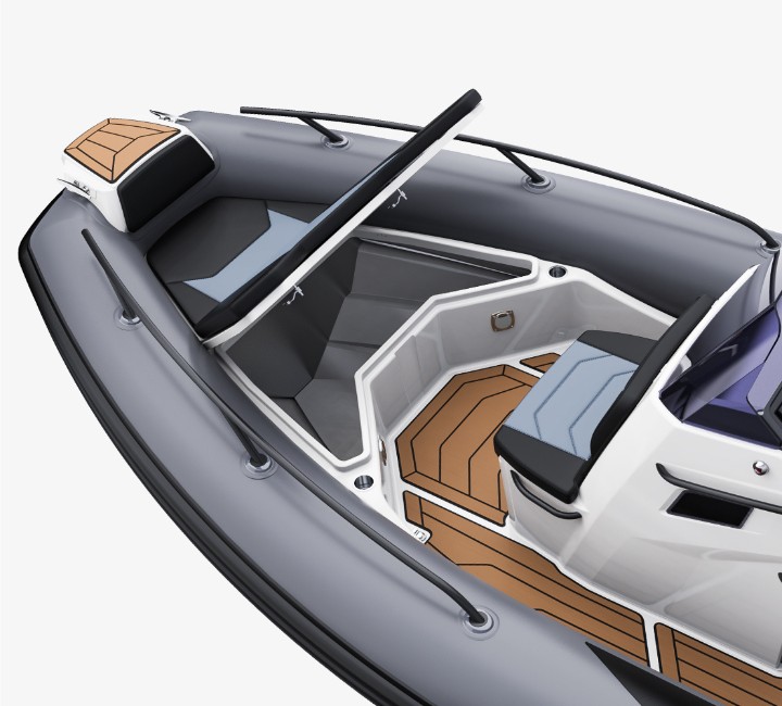 A render visual of the bow of the Grand G750 with large bow locker open with space underneath