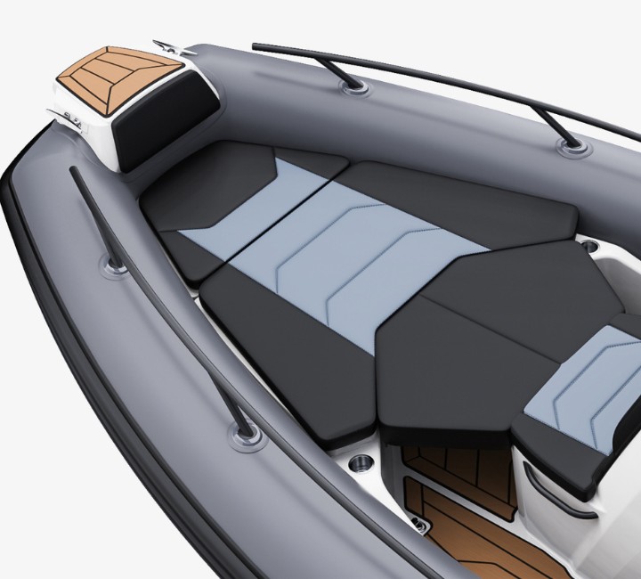 A render visual of the Grand G750 bow space with the extended cushion seating area open to create a large sunbed