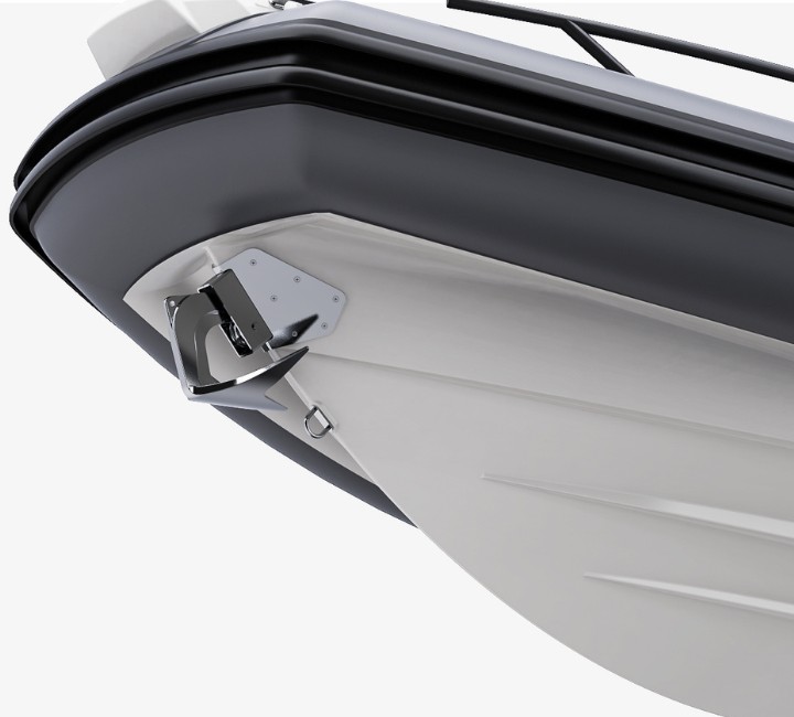 A render visual of the Grand G750's bow from below, showing the anchor, deep-v hull and tubing