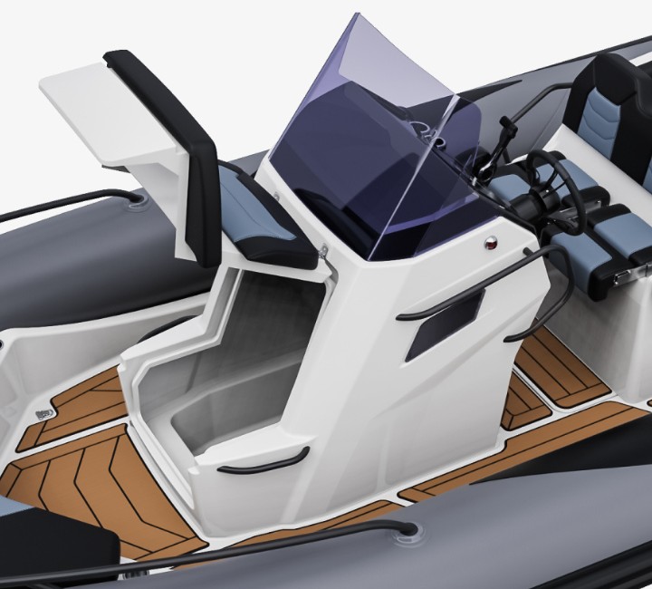 A render visual of the Grand G750's centre console from the side, with the locker space open