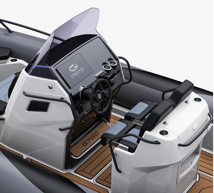 A render visual of the Grand G750's centre console and helm seating from the side, with a windscreen, steering wheel and dashboard space with a screen and cupholders