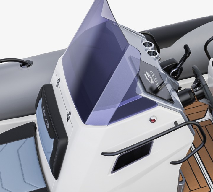 A render visual of the centre console on the Grand G750 from the side, with an additional seat in front of the console