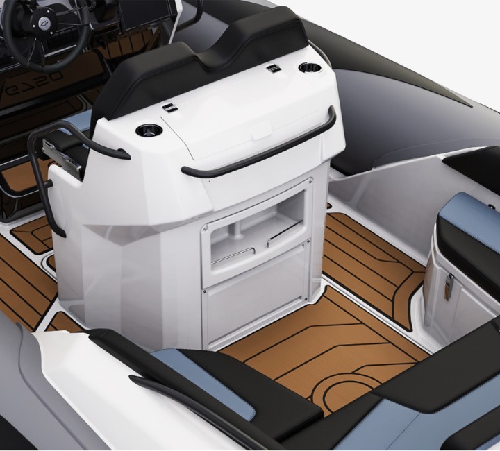 A render visual of the back side of the Grand G750's centre console, with a wet bar area and cupholders