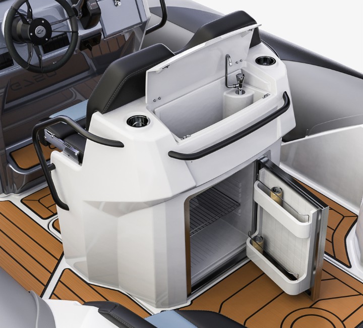 A render visual of the Grand G750's wet bar area behind the helm seats, with a sink and tap, as well as a fridge with the door open