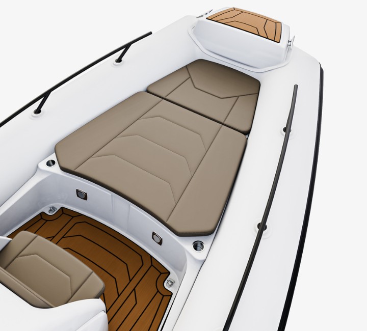 A render visual of the bow seating space on the Grand G850, with light brown coloured seat cushions and a bow step plate