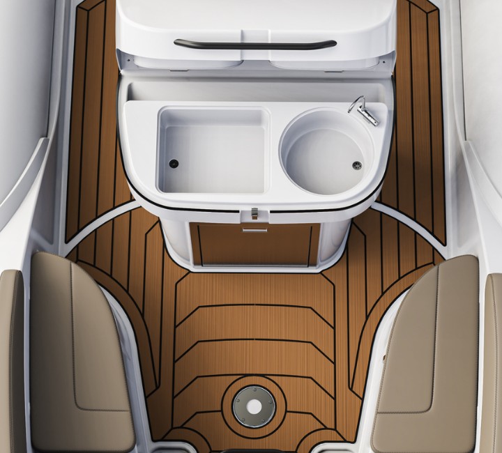 A render visual of the Grand G850 boat stern from above, showing the U-shaped seating and the sink and tap at the back of the boat