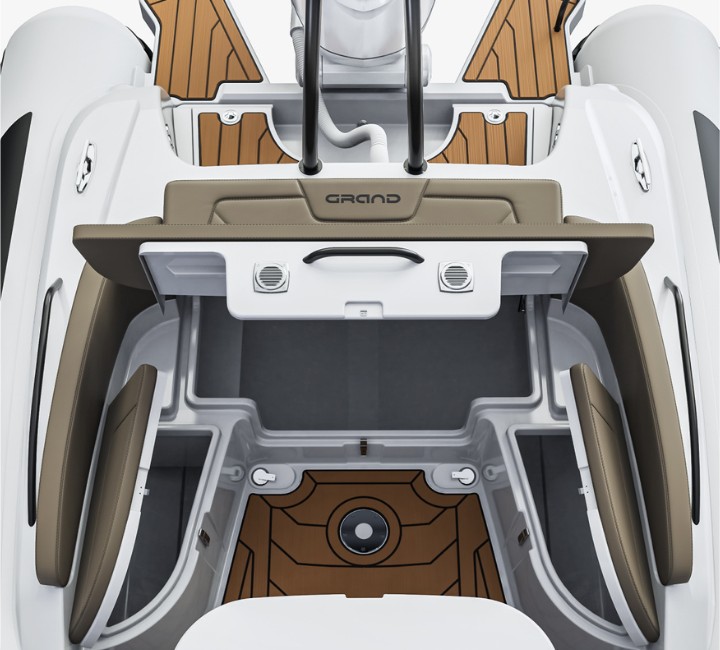 A render visual of the storage locker space underneath the u-shaped stern seating on the Grand G850 boat