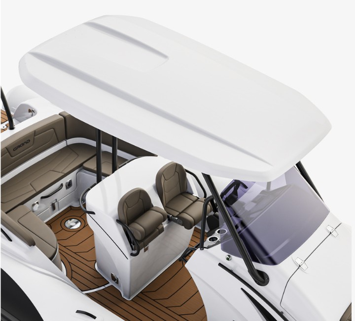 A render visual of the fibreglass t-top from above on board the Grand G850