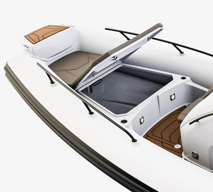 A render visual of the bow area on the Grand G850, with large bow locker raised up revealing lots of storage space within