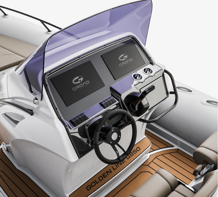 A render visual of the Grand G850's centre console, with windscreen, two large chart plotters, cupholders, a steering wheel and storage cupboard.