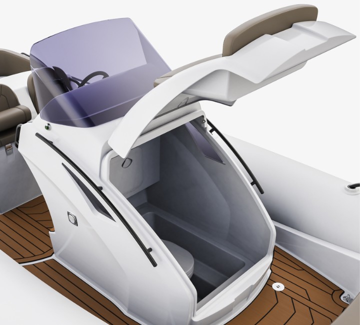 A render visual of the Grand G850, showing a raised locker and the toilet underneath the centre console.