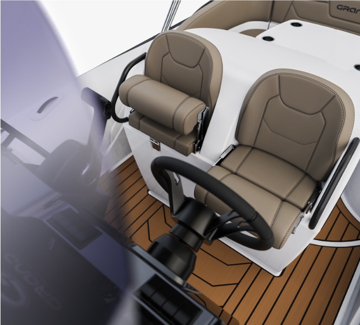 A render visual of the Grand G850's helm seating, with light brown upholstery