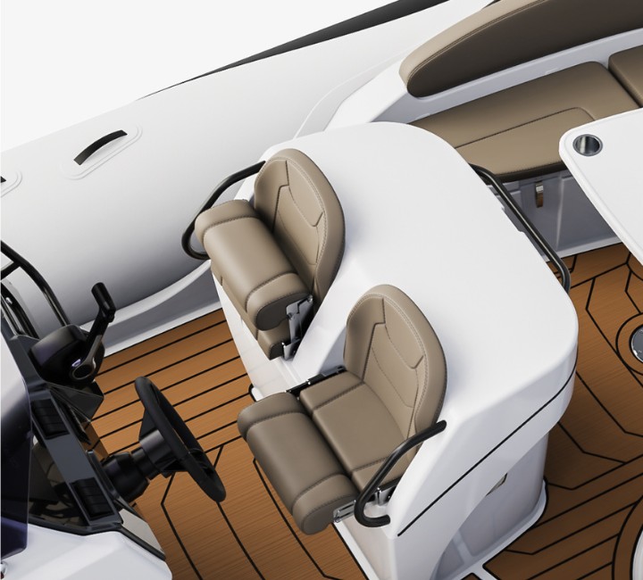 A render visual of the helm seating on the Grand G850 boat from above, with two driving seats in a light coloured upholstery