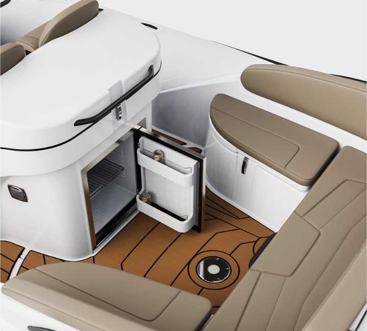 A render visual of the stern area of the Grand G850, with a fridge door opened and large U-shaped seating