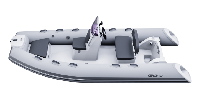 A render of the Grand S420 from the side, showing the internal layout of the RIB boat