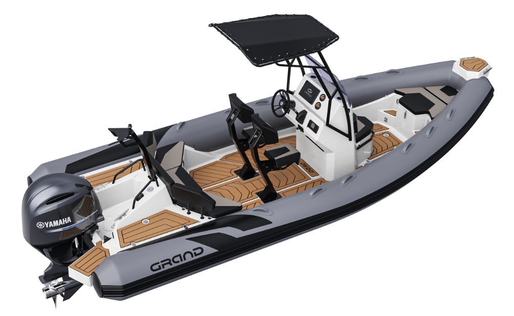 Dark grey Grand D600 rigid inflatable boat for sale with black t-top